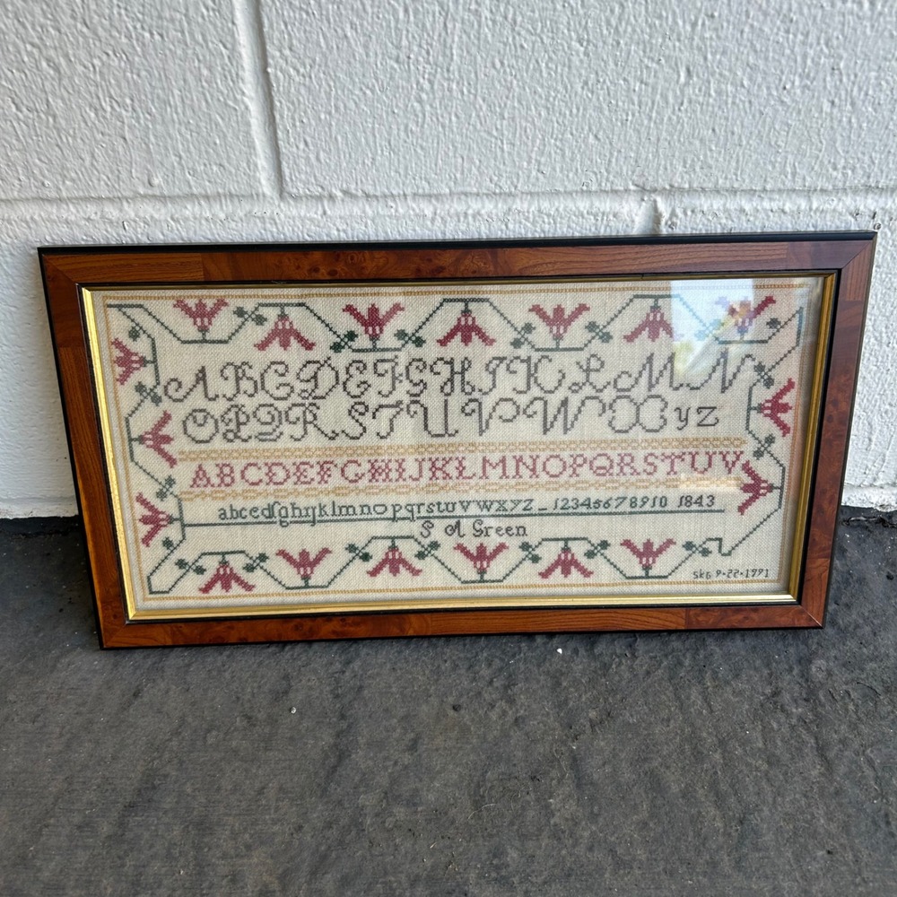 Vintage Completed Cross-stitch Sampler 1991 Alphabet Floral Motif Wall Art